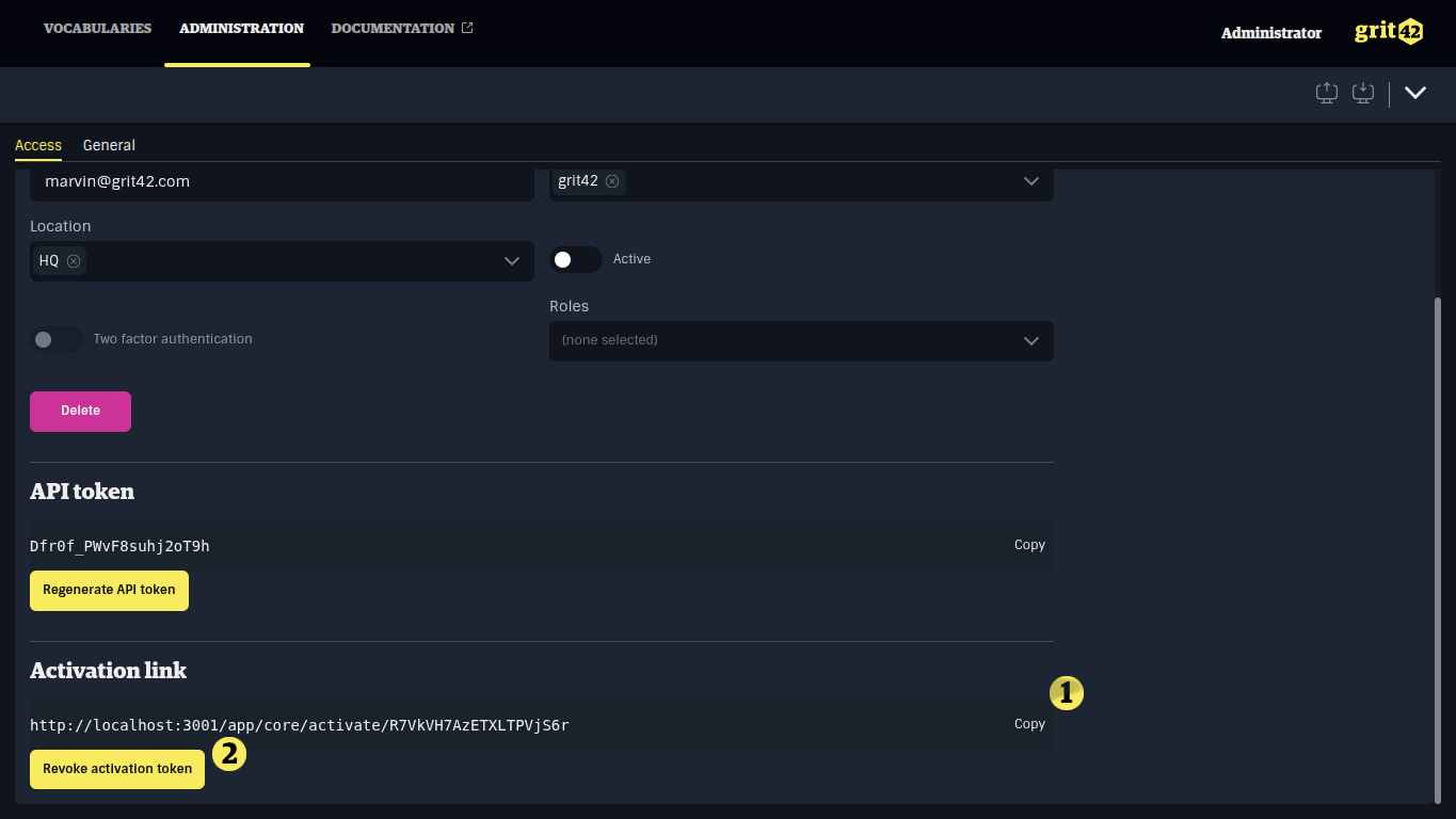 User update form with activation token highlighted