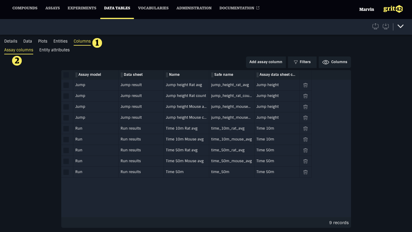 Assay data sheet columns tab
