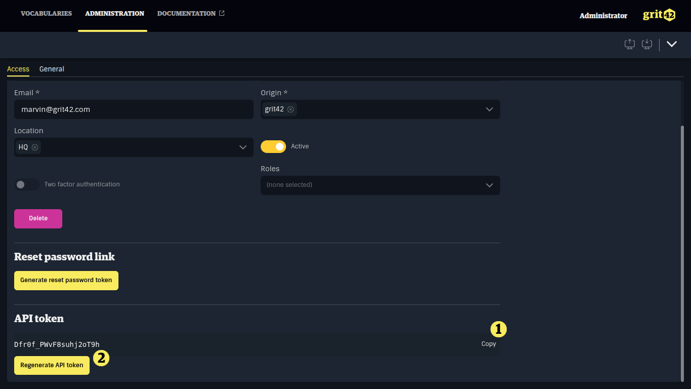 User update form with API token highlighted