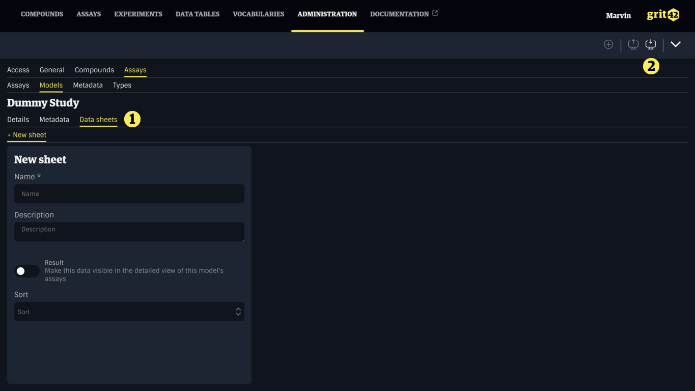 Assay model data sheets with import highlighted