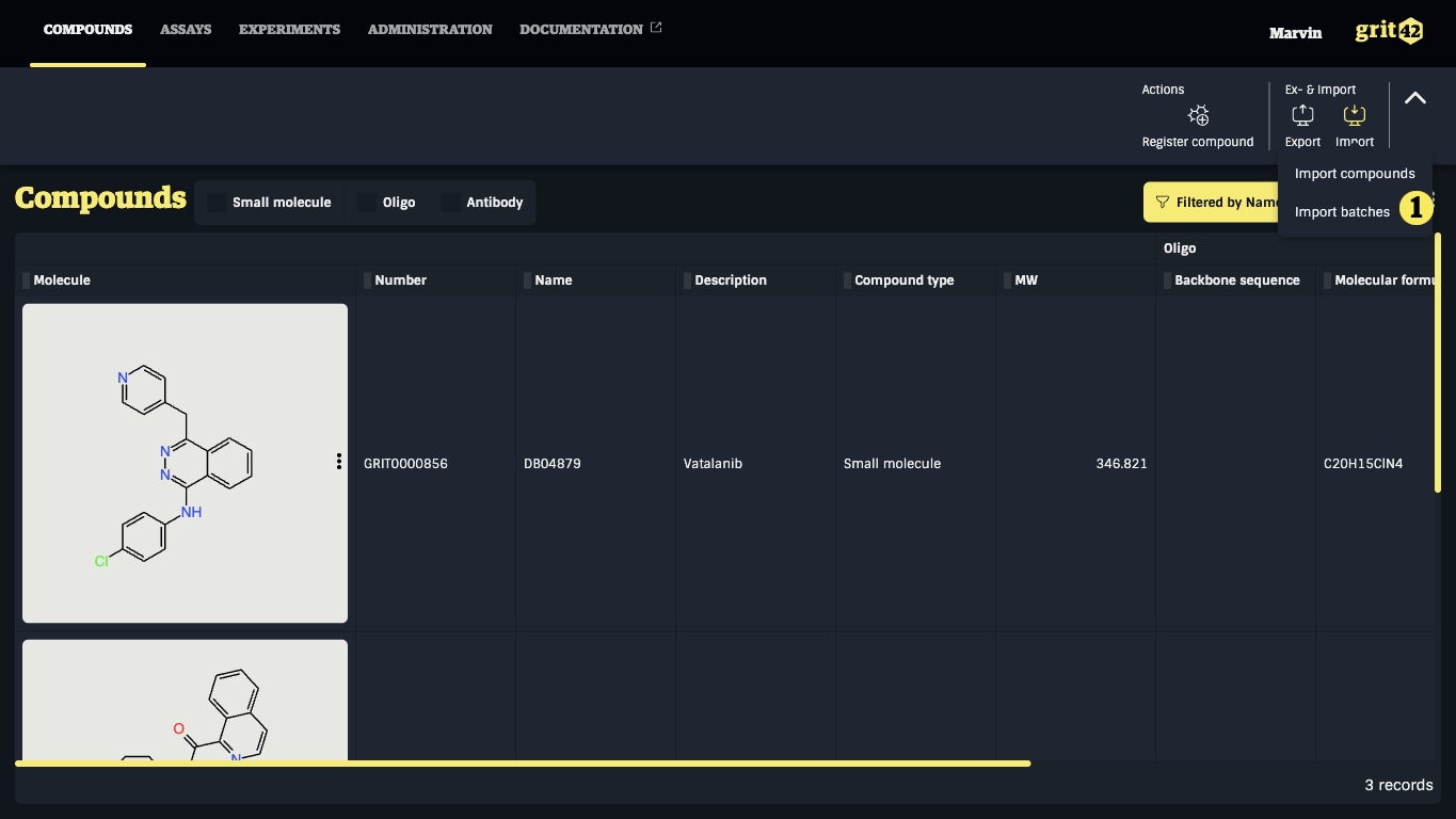 The compound grid showing batch import