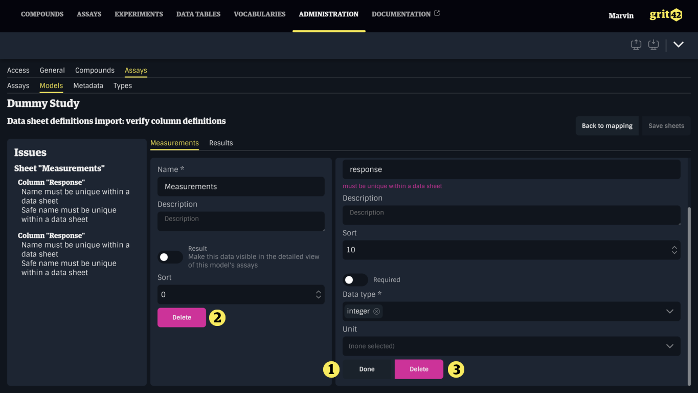 Column with done and delete