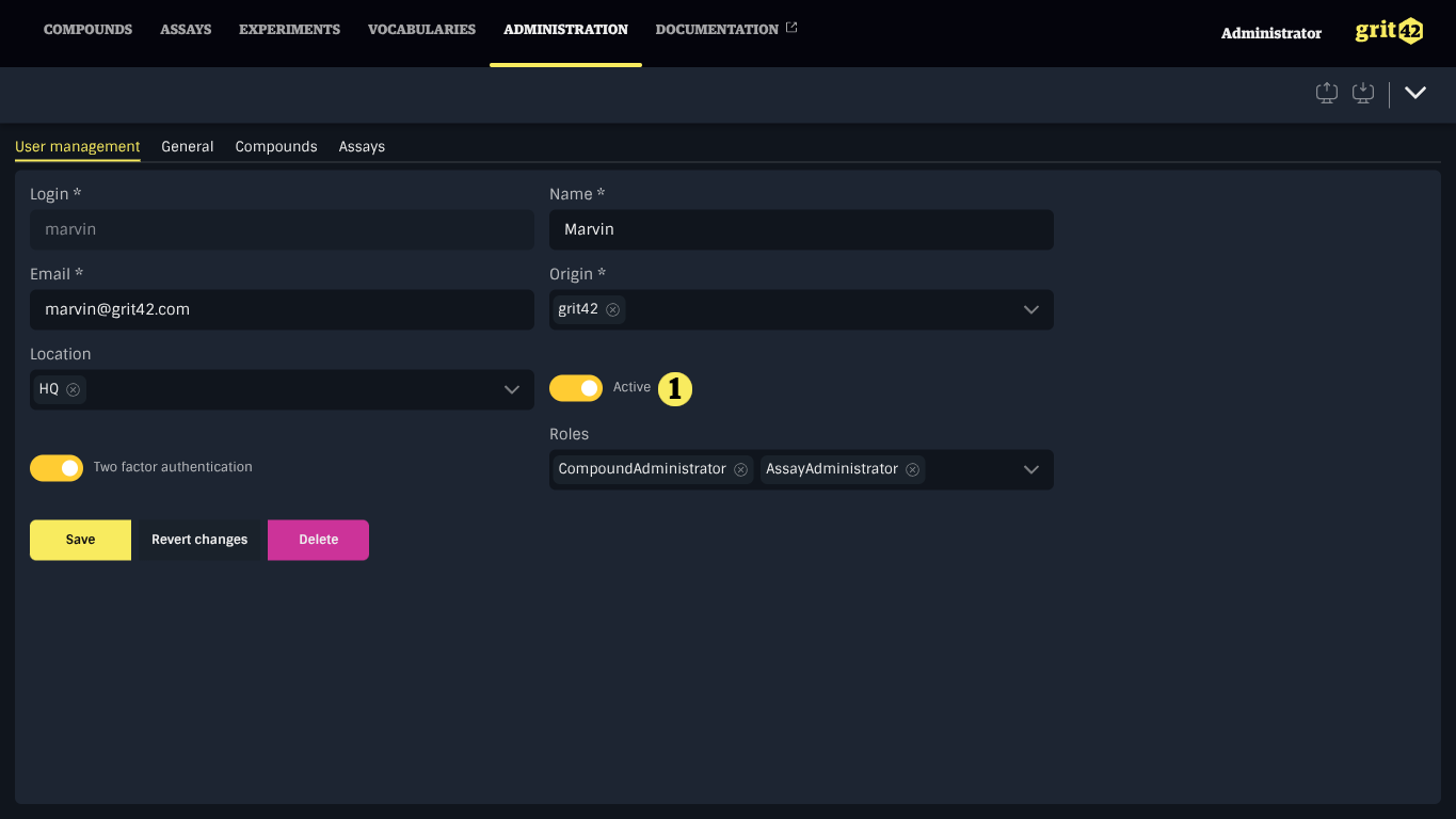 User update form with active switch highlighted