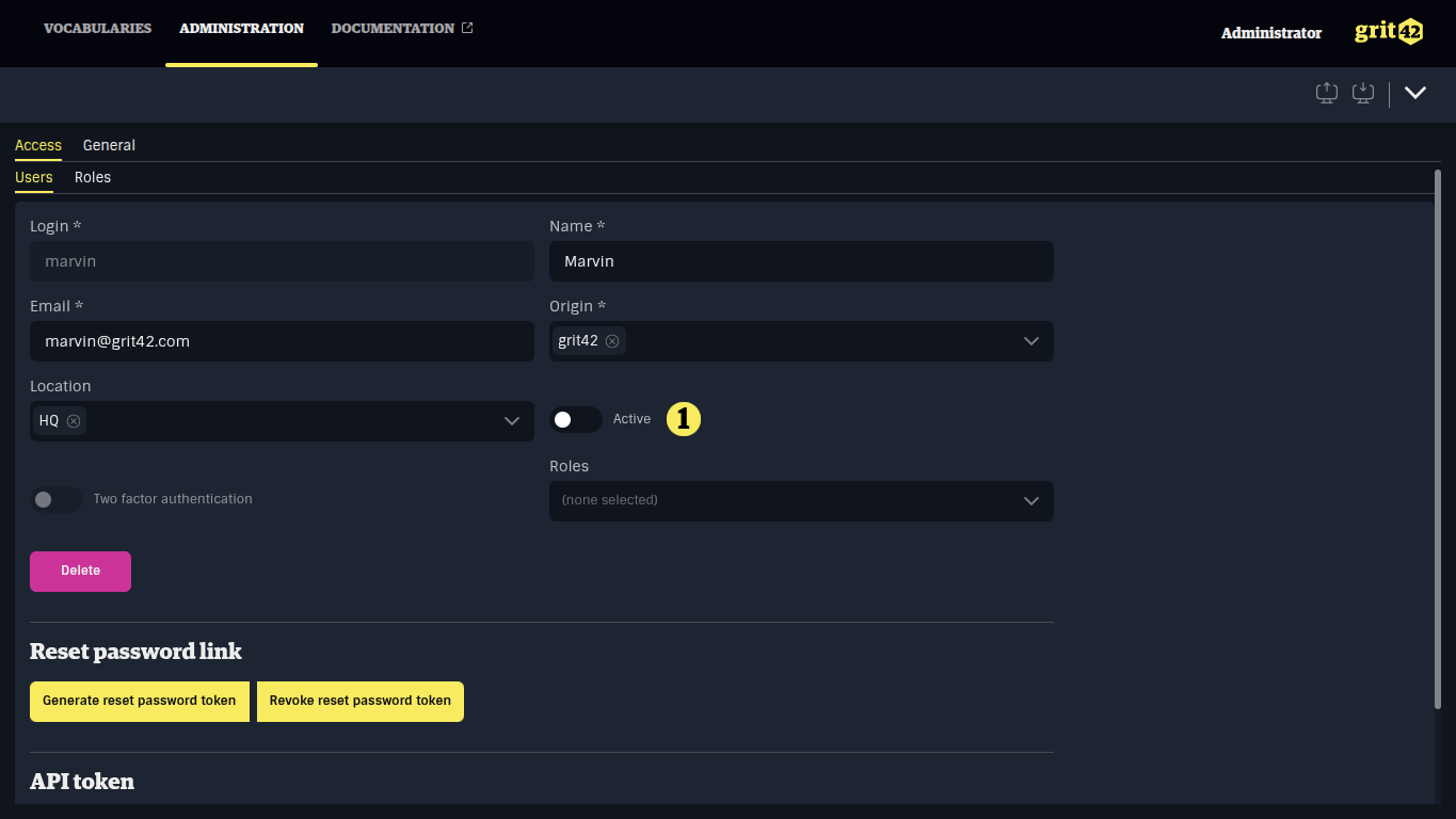 User update form with active switch highlighted