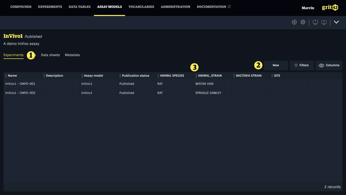 Assay Model Experiments tab