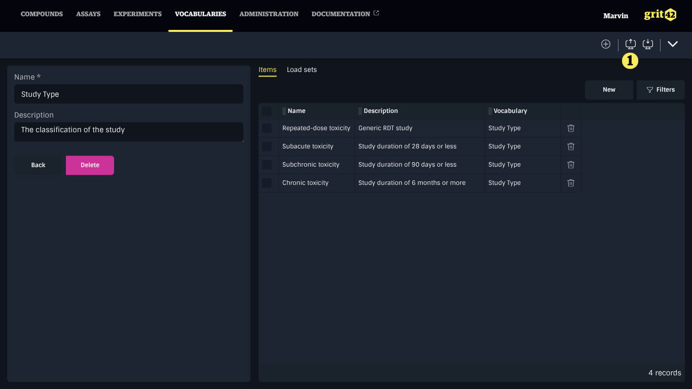 Vocabulary detail view Export highlighted