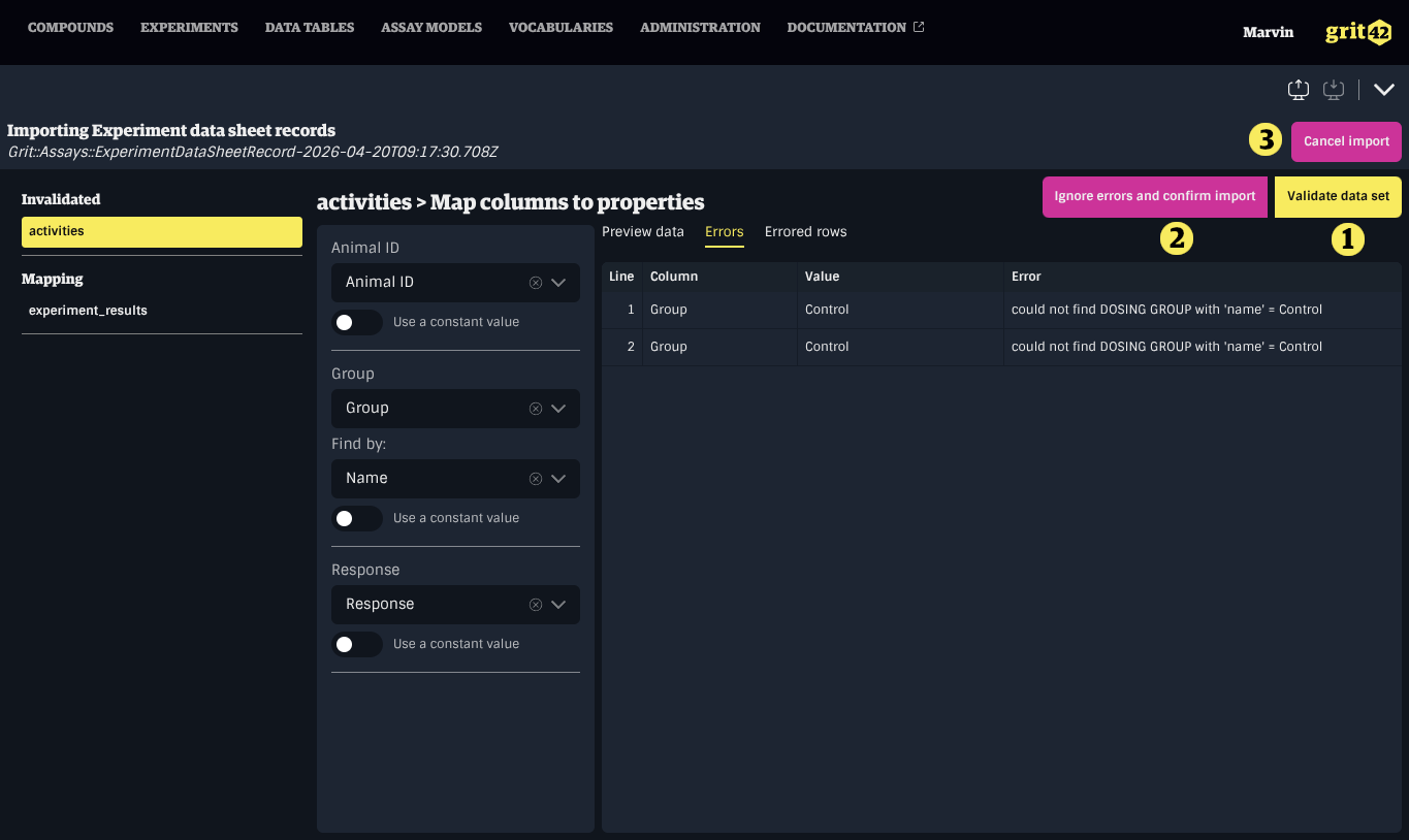 Validation failed with actions highlighted