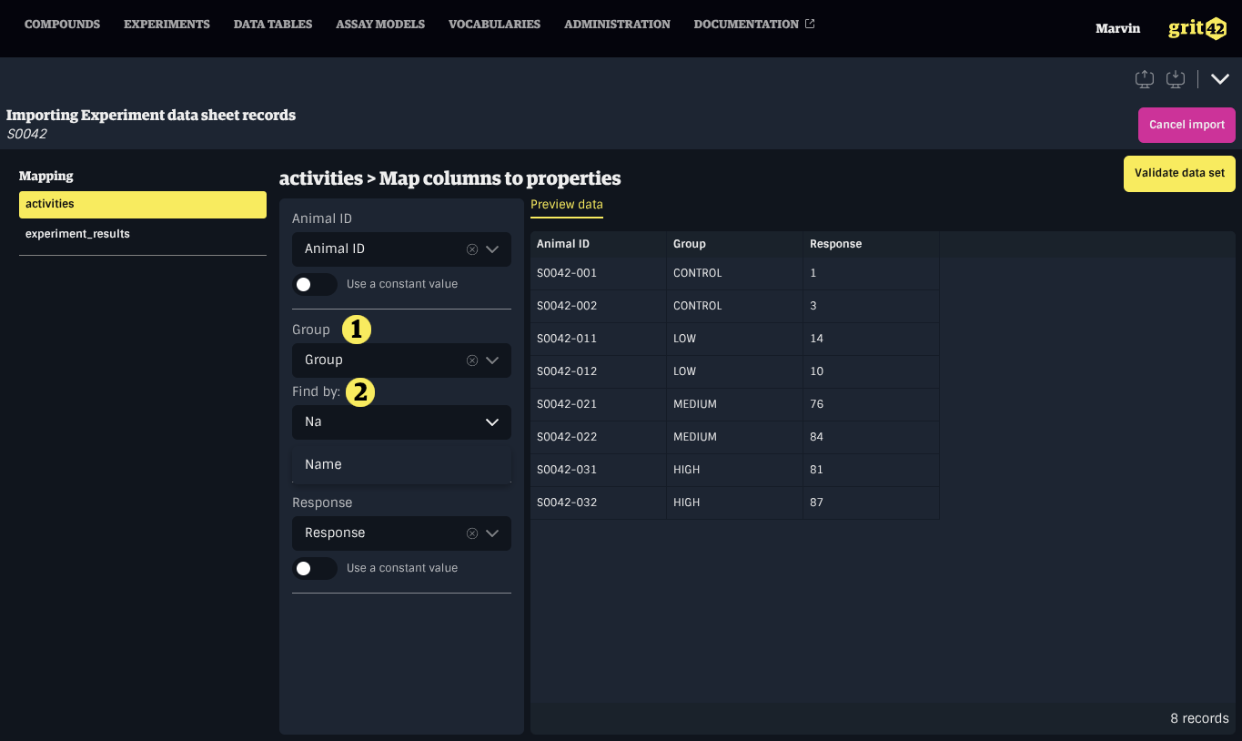 Mapping form with entity property highlighted