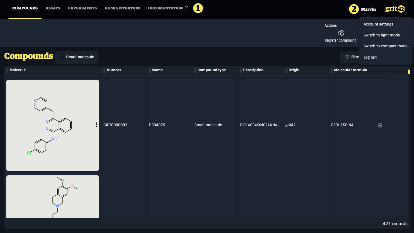 Topbar showing links to the left and account settings to the right