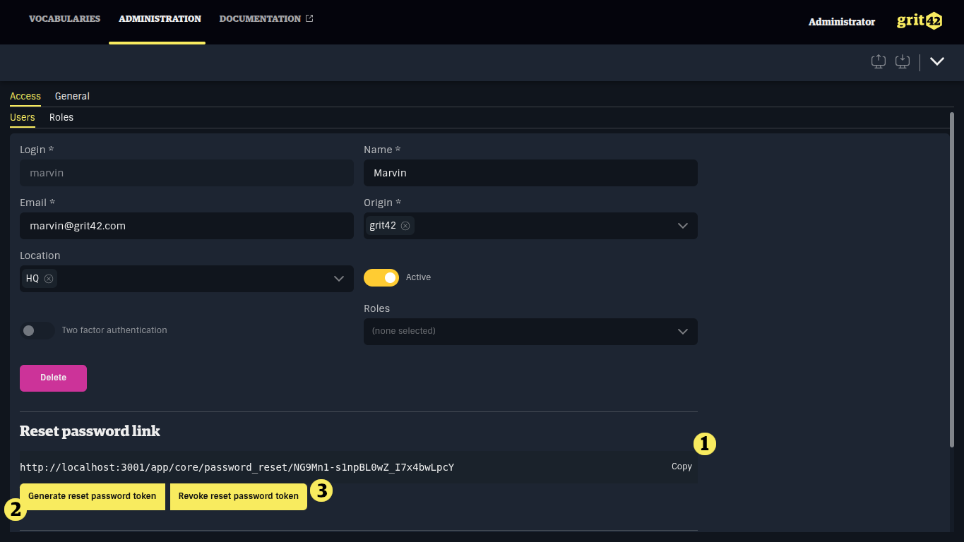 User update form with password reset token highlighted