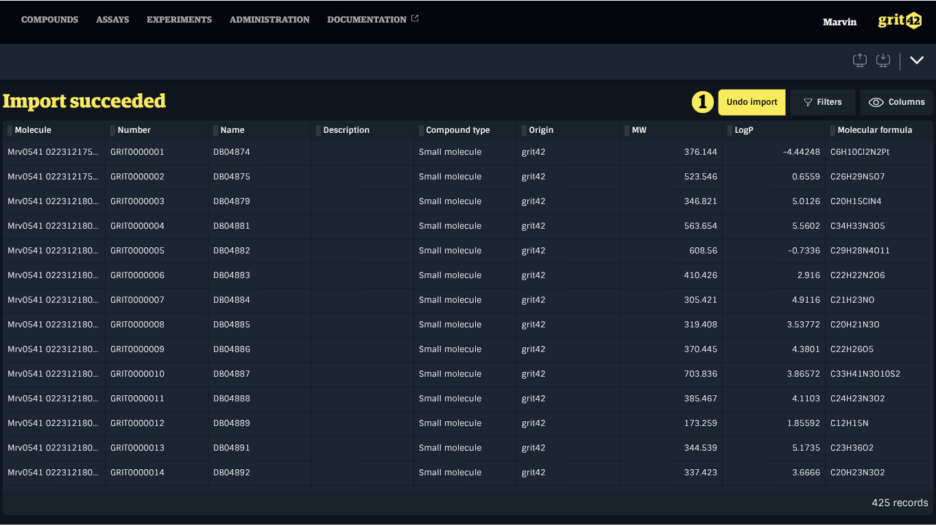 Successful import with actions highlighted