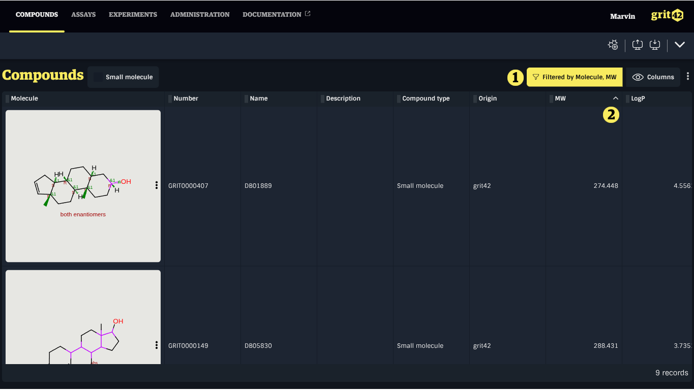 Filtered and sorted grid with highlights