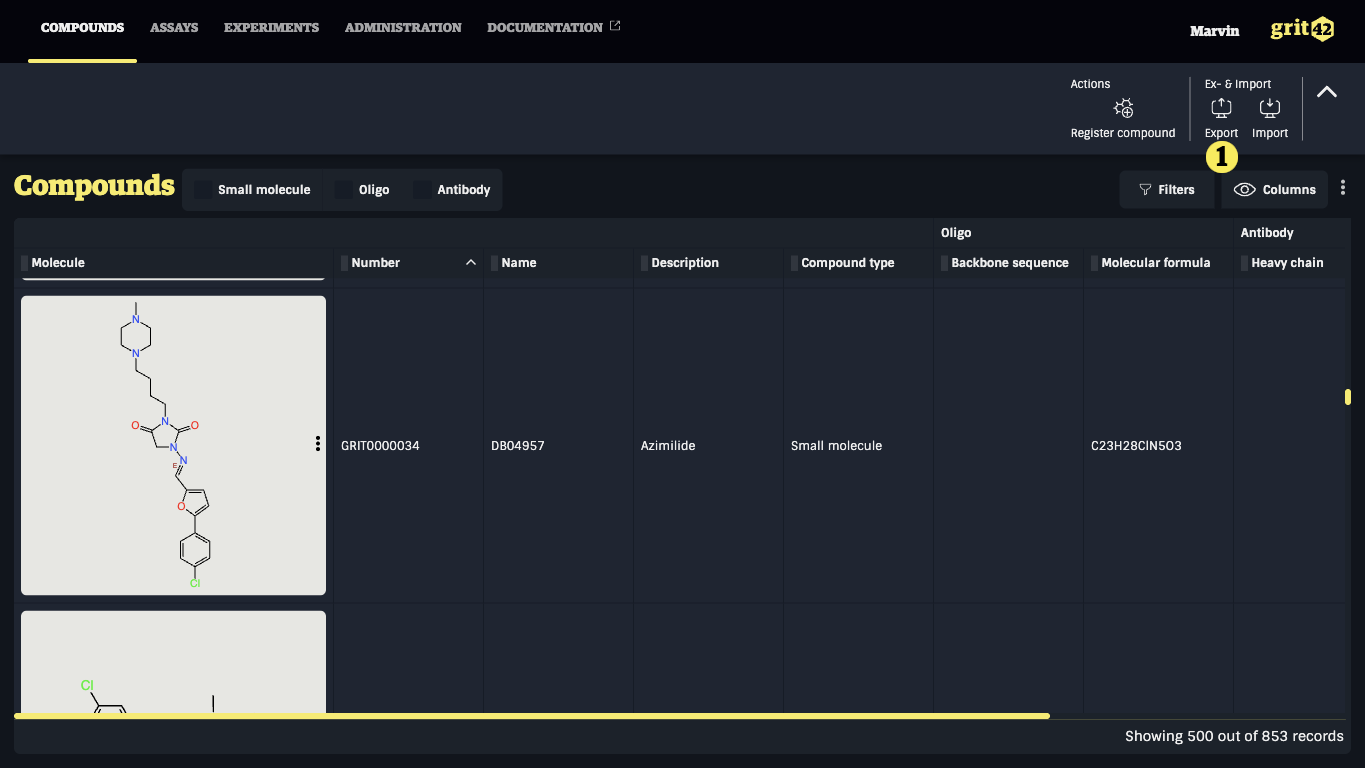 Toolbar with Export action highlighted