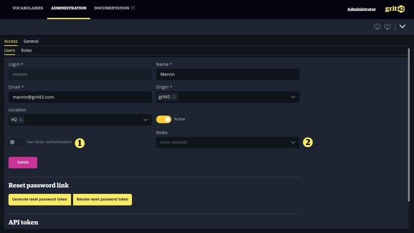 User update form with two-factor and roles highlighted