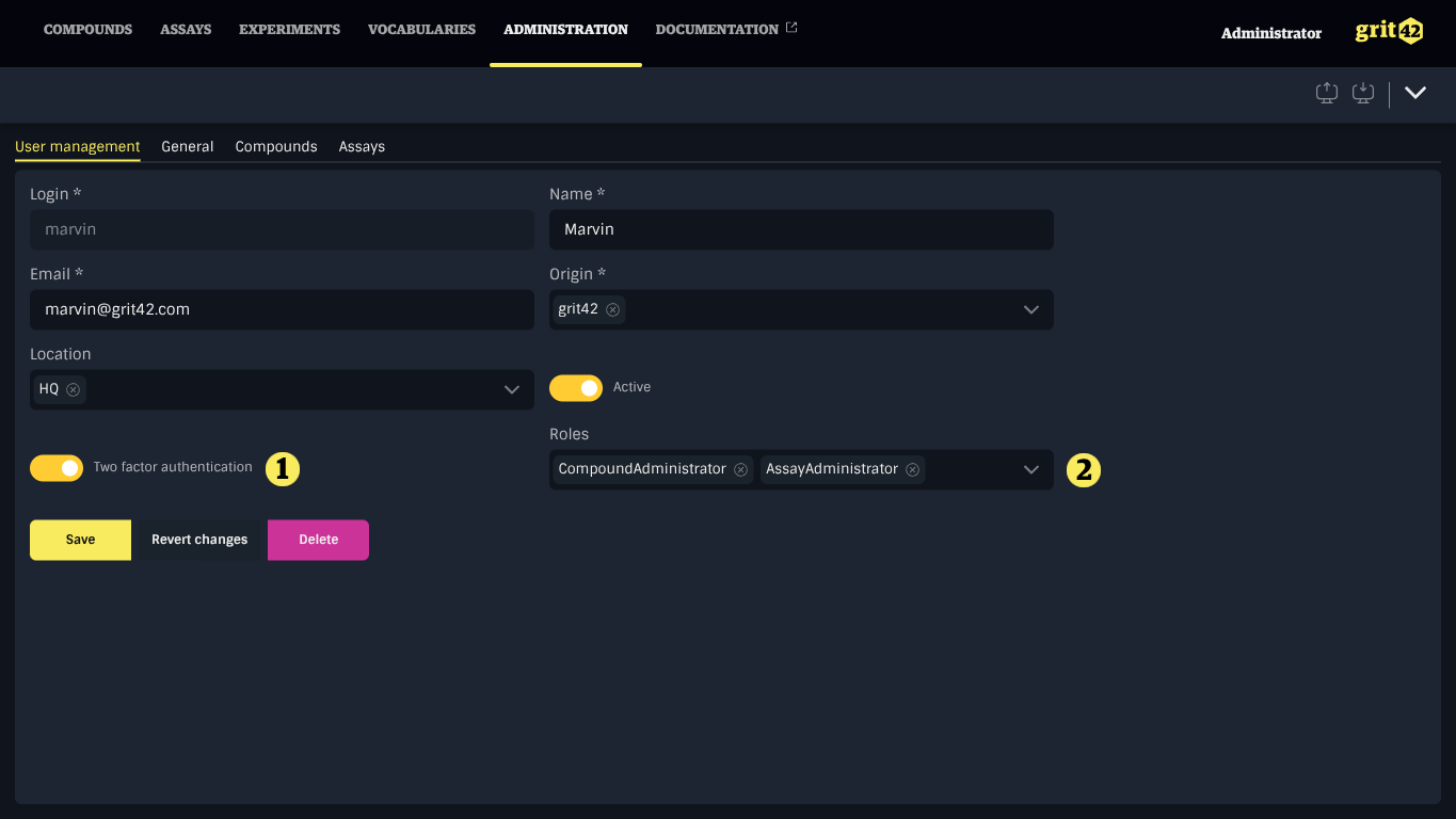 User update form with two-factor and roles highlighted