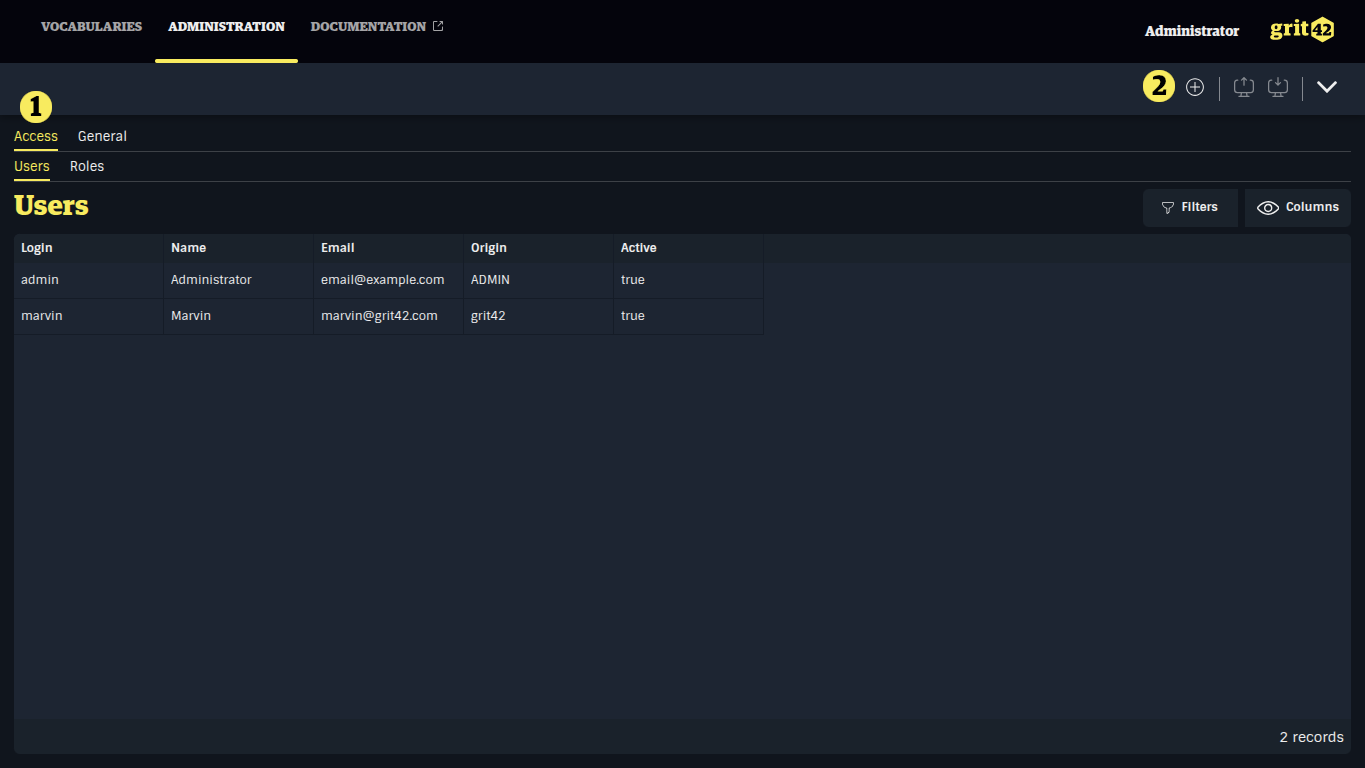 User administration tab