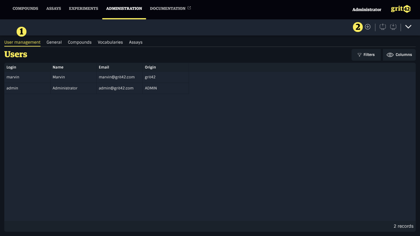 User administration tab