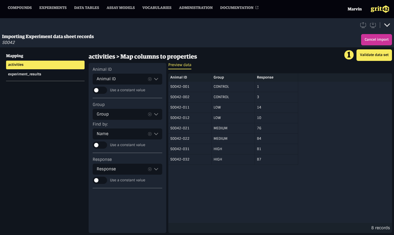 Mapped data set with validate button highlighted