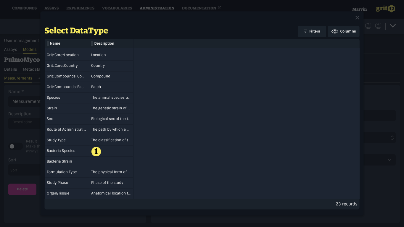 The list of available data types